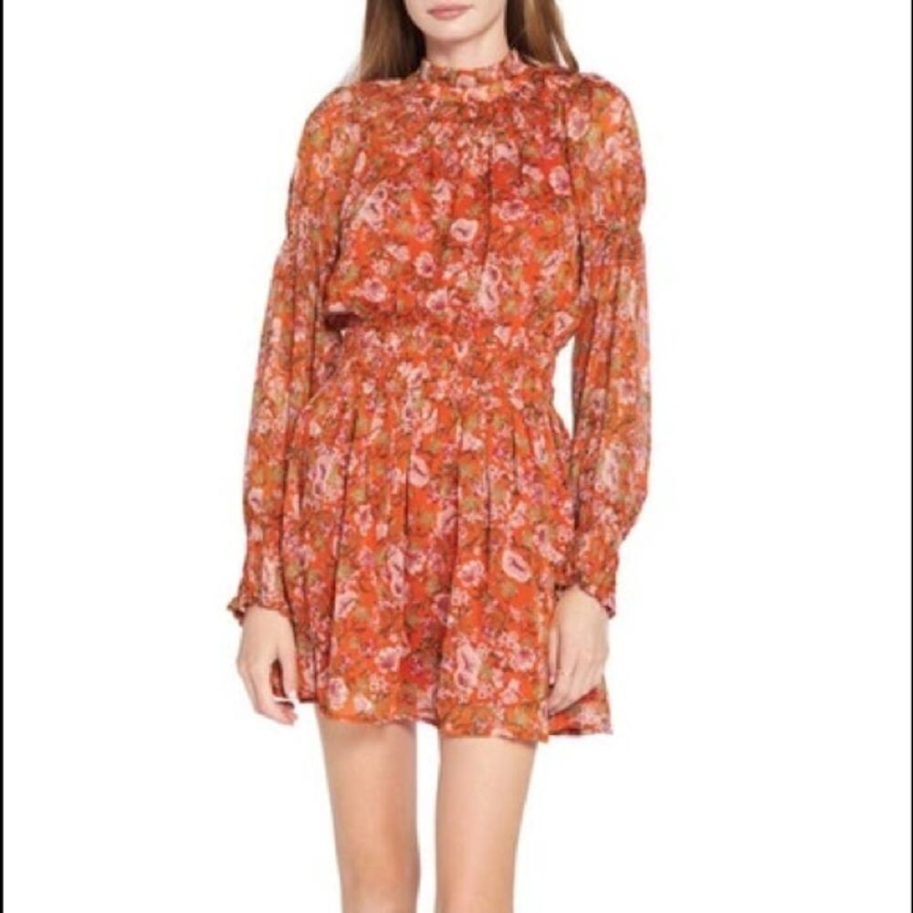 En Saison Floral Smocked Mini Dress Mock Neck Long Sleeve Medium